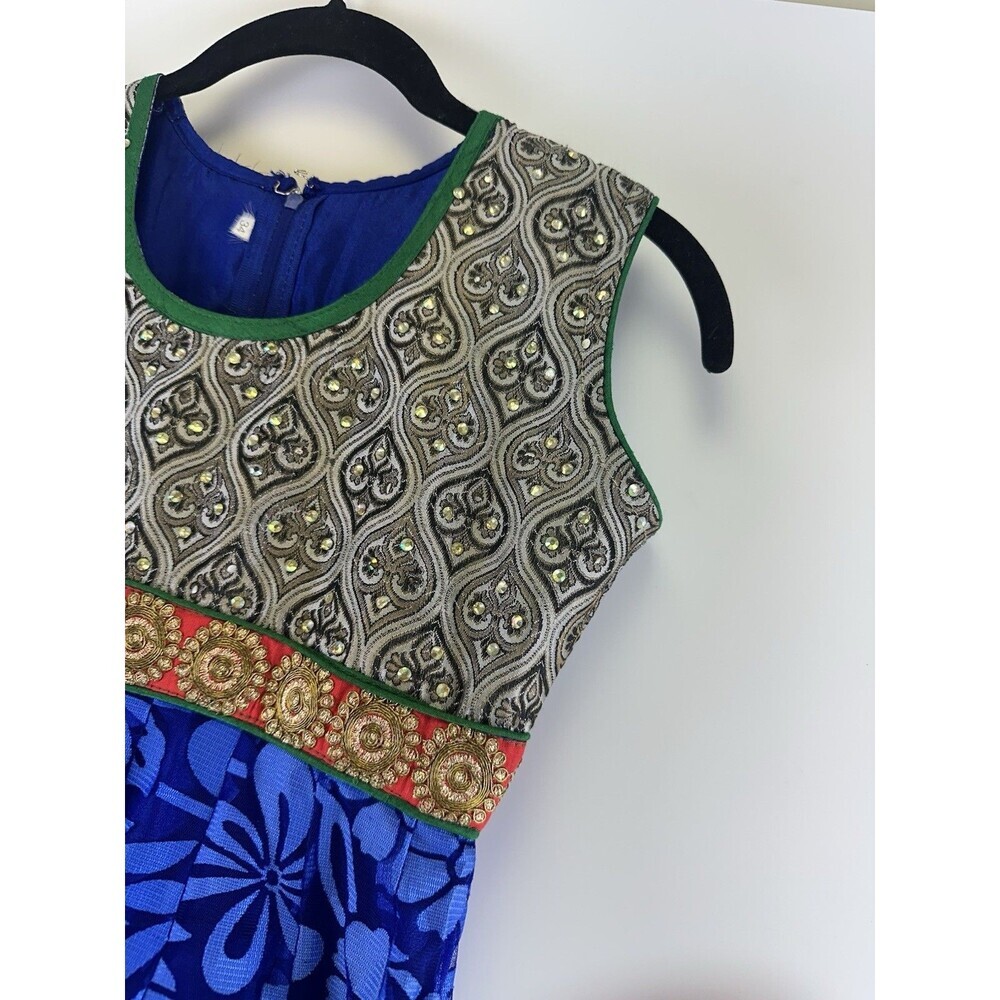 Special Occasion Dress Girls Brocade Blue Floral Beaded Fit Flare 34 Youth Large - Picture 3 of 12